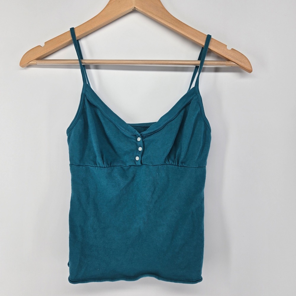 Brandy Melville Cami Tank Top Womens Small Teal Blue Henley V-Neck Ribbed Strap